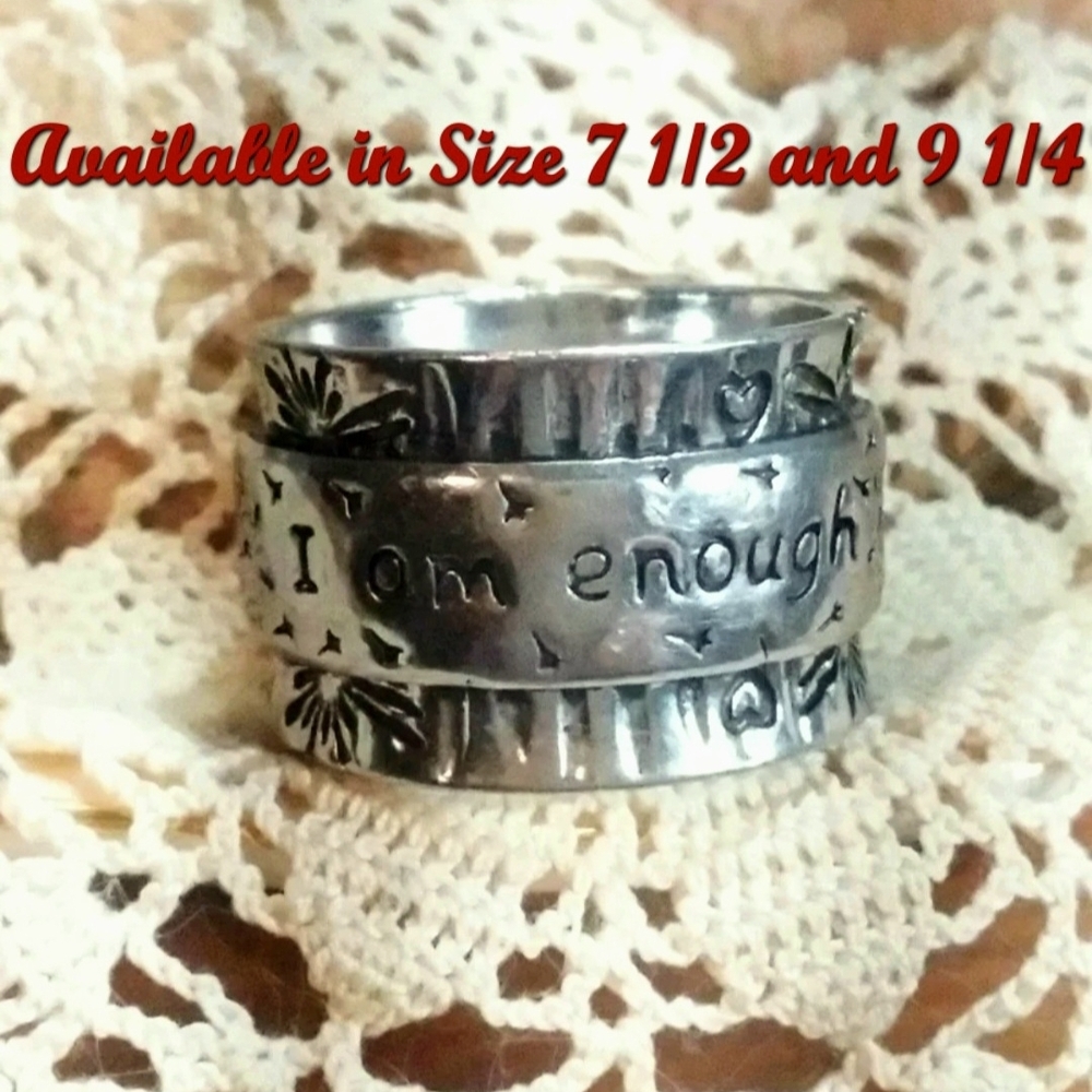 ~Lovely, Inspirational Ster/Silver Plated Ring/Engraving That Reads I am enough~